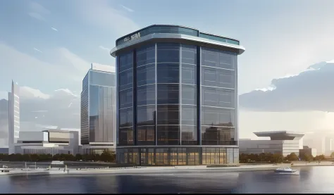 Rendering of a large building，There are a lot of windows,Next to it is a road，sharp hq rendering, sharp focus ilustration hq, precise architectural rendering, Office building, sharp foccus ilustration hq, in style of norman foster, wide angle exterior 2022...