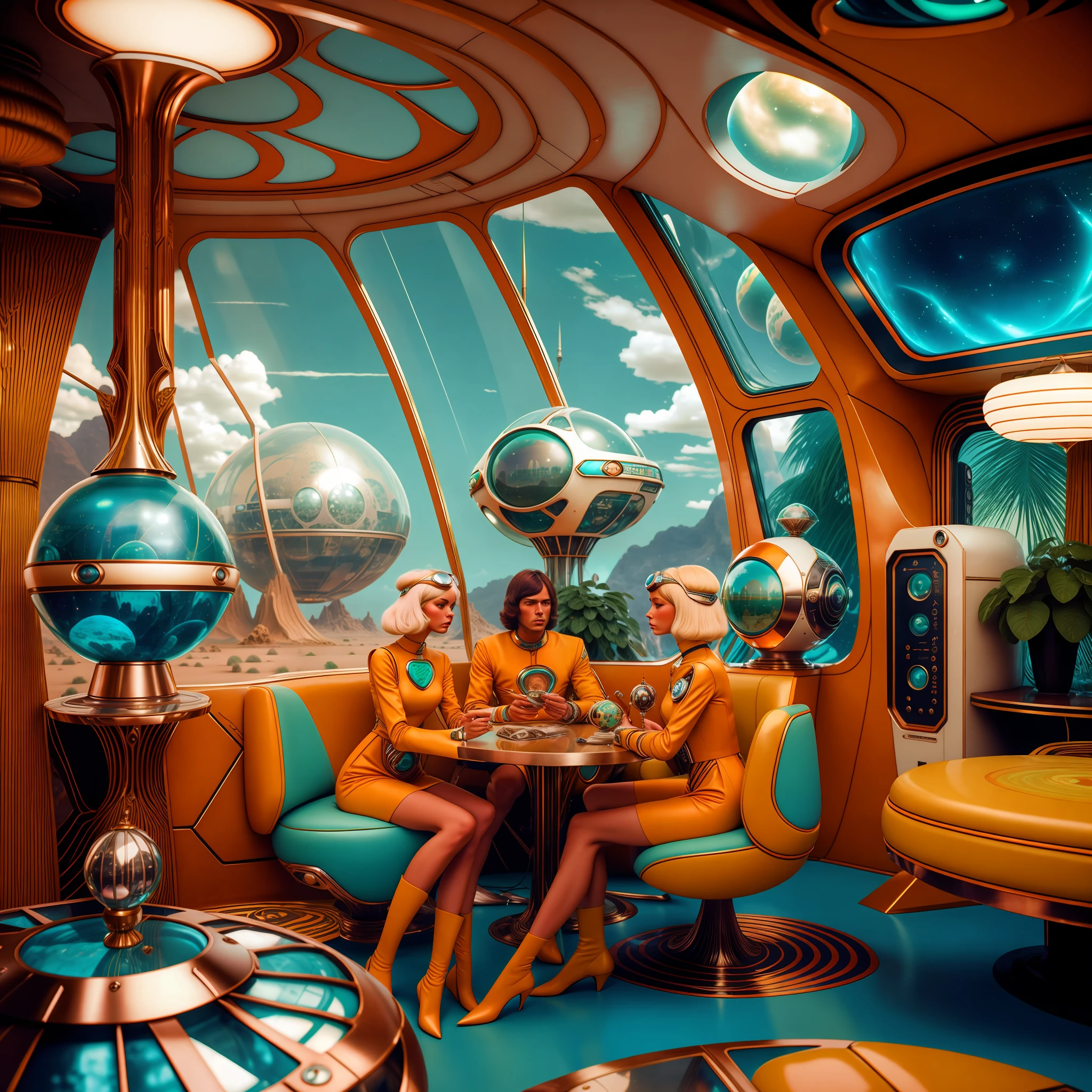 4k image from a 1970s science fiction film, pastels colors, Family wearing retro-futuristic fashion clothes and futuristic technological ornaments and devices in an old coffee shop, Luz Natural, cinemactic, Psicodelia, retro-futurista, photo-realistic, olhos perfeitos, perfect hands, cabelo perfeito, ricos detalhes do rosto, hiper detalhado, hyper realistic, textura real da pele, texturas de tecido real, Sharp background details, sharp render.