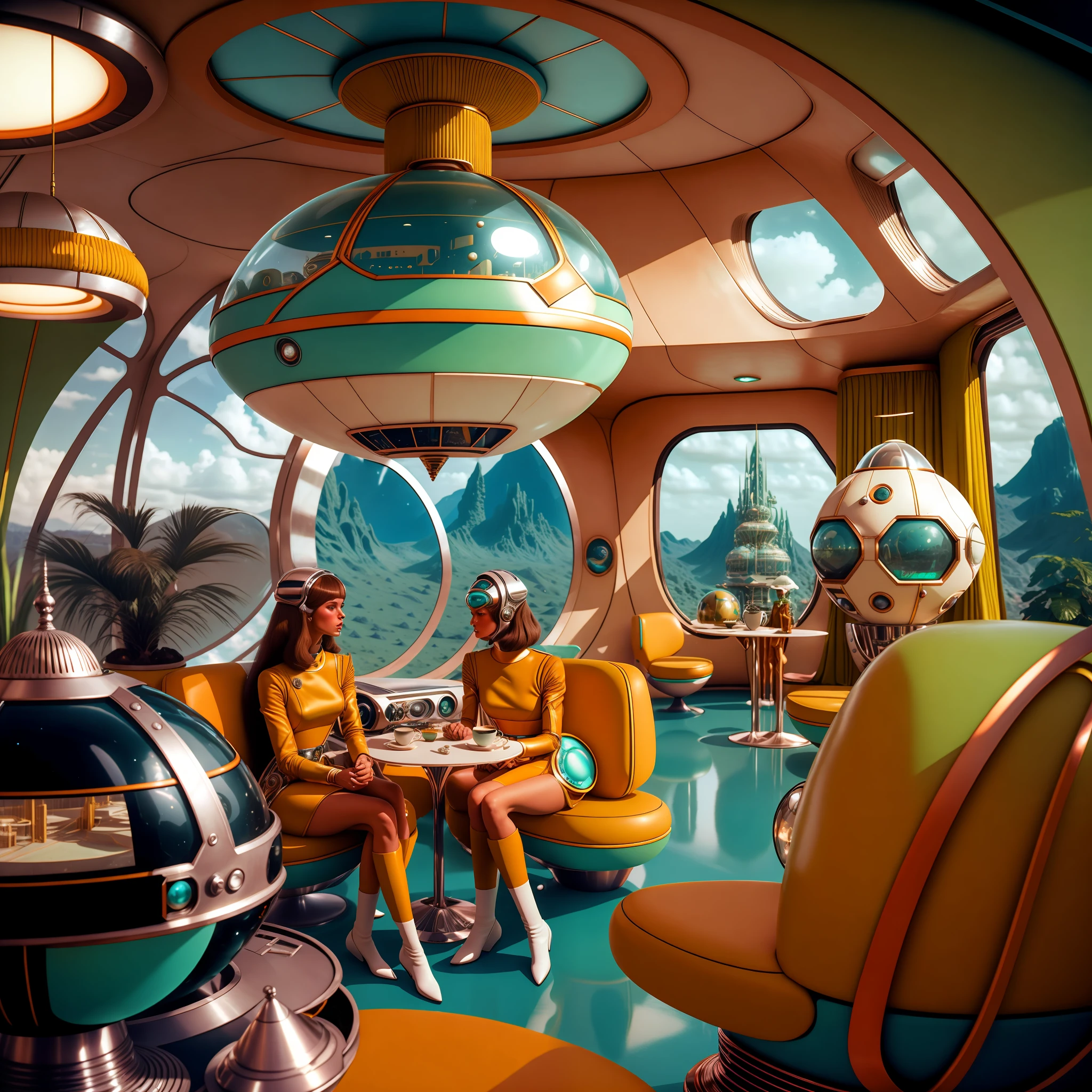 4k image from a 1970s science fiction film, pastels colors, Family wearing retro-futuristic fashion clothes and futuristic technological ornaments and devices in an old coffee shop, Luz Natural, cinemactic, Psicodelia, retro-futurista, photo-realistic, olhos perfeitos, perfect hands, cabelo perfeito, ricos detalhes do rosto, hiper detalhado, hyper realistic, textura real da pele, texturas de tecido real, Sharp background details, sharp render.