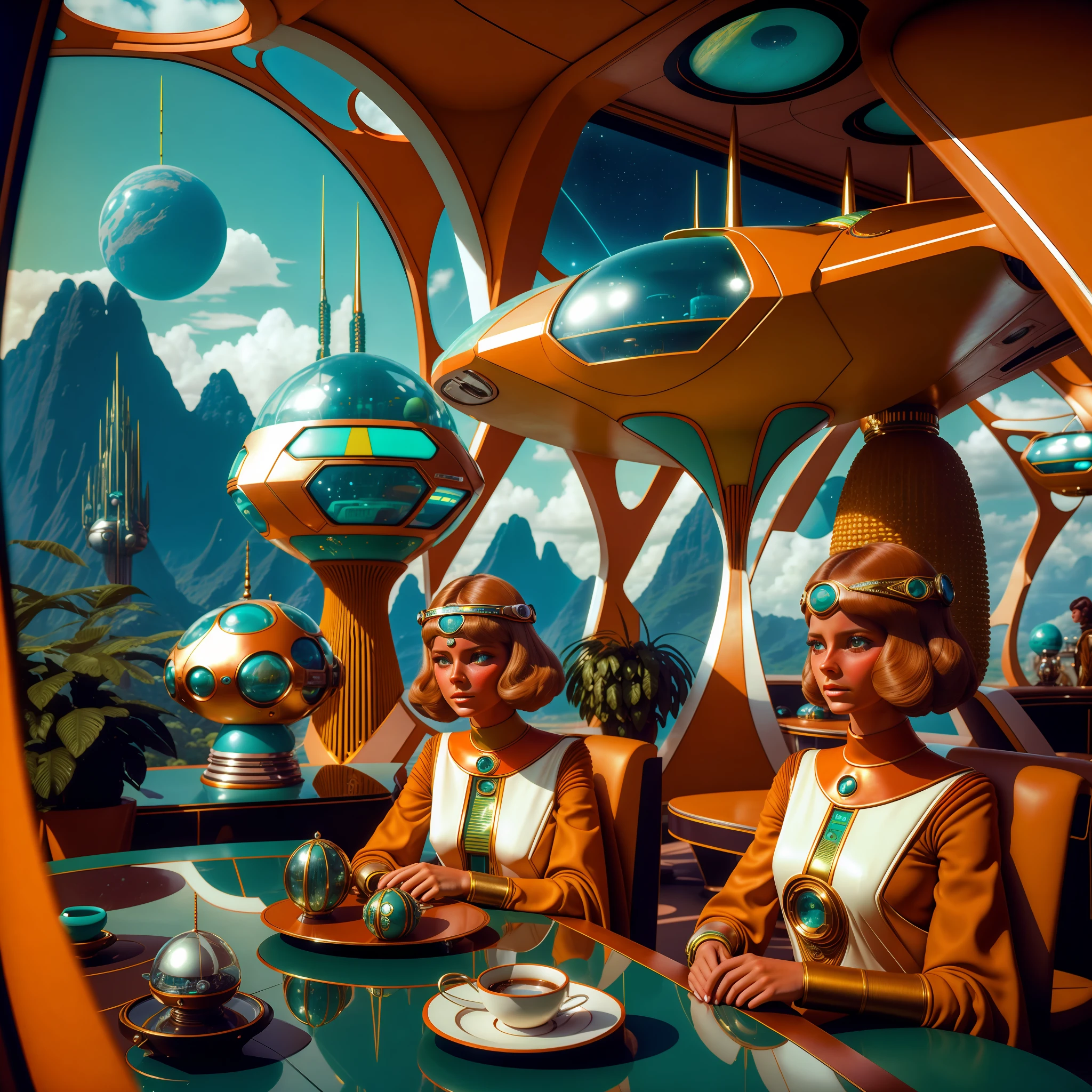 4k image from a 1970s science fiction film, pastels colors, Family wearing retro-futuristic fashion clothes and futuristic technological ornaments and devices in an old coffee shop, Luz Natural, cinemactic, Psicodelia, retro-futurista, photo-realistic, olhos perfeitos, perfect hands, cabelo perfeito, ricos detalhes do rosto, hiper detalhado, hyper realistic, textura real da pele, texturas de tecido real, Sharp background details, sharp render.