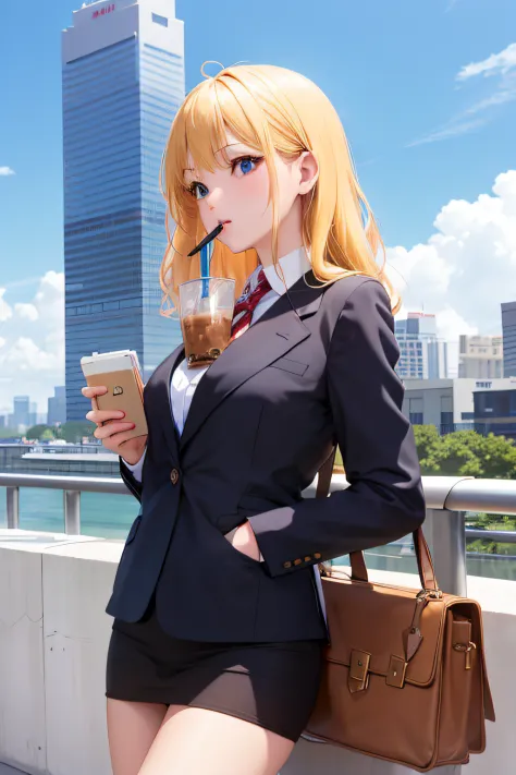 Girl drinking milk tea. blond hair. business clothes. skyscraper. blue sky. beautiful, attracting all eyes, the mobile phone is ...