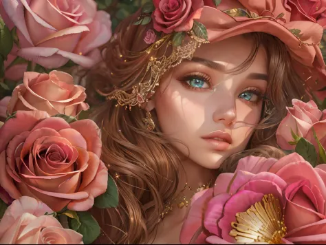 This is realistic fantasy artwork set in the castle's enchanted rose garden. Generate a proud woman with a highly detailed face ...