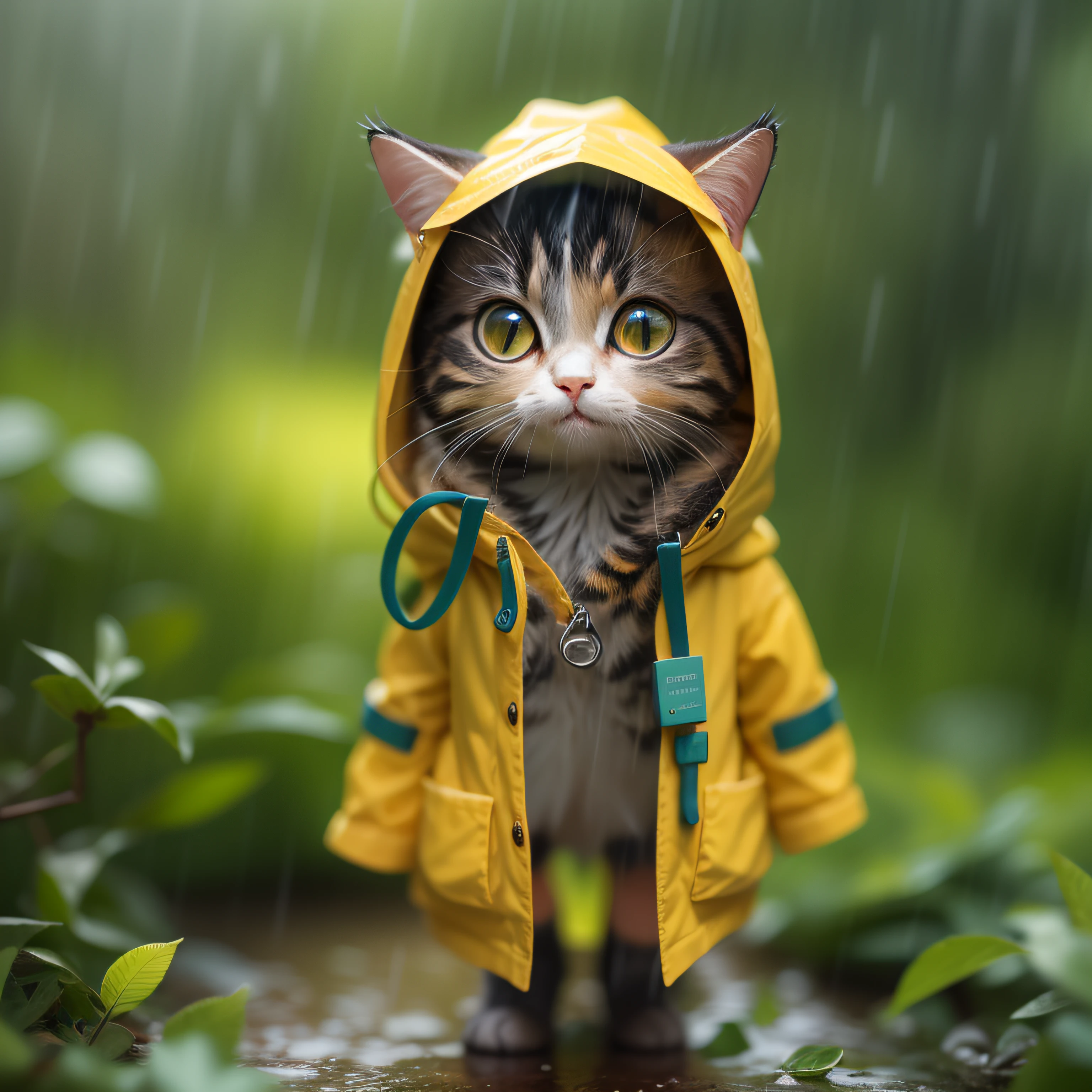 Mädchen, CircuitBoardAI, Winzig süß (glücklich1.4) Katze in einem (yellow Regencoat1.3) Im Wald, Regen, ein Charakterporträt, Tilt-Shift-Funktion, bokeh
