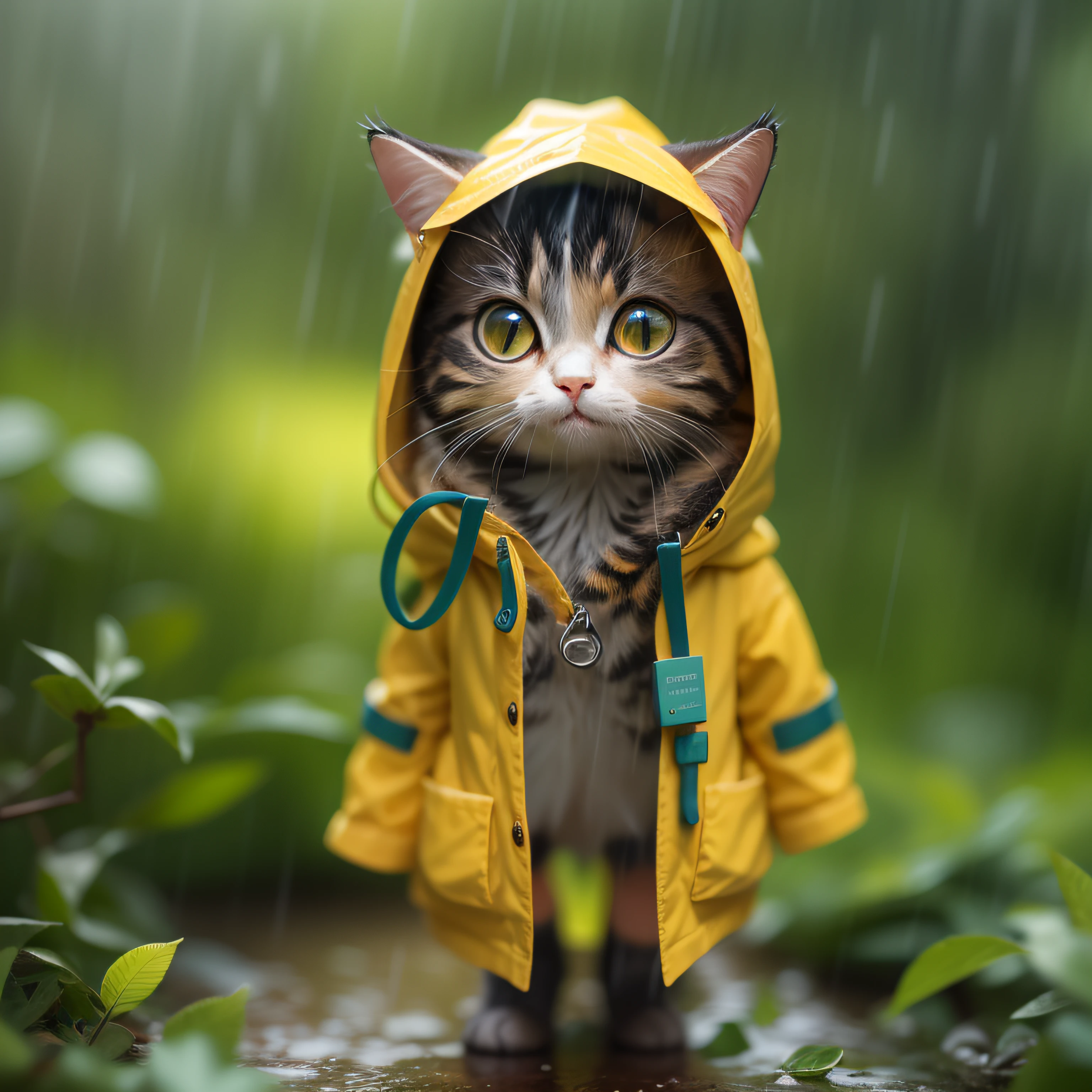 girl, CircuitBoardAI, tiny cute (happy1.4) cat in a (yellow raincoat1.3) in the woods, rain, a character portrait, Tilt-shift, bokeh