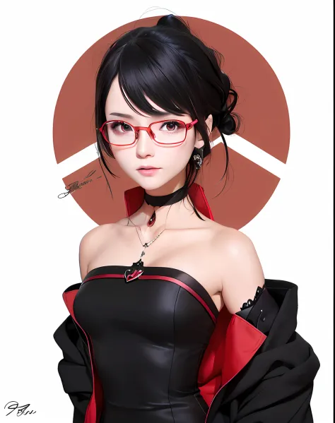anime girl with glasses and a black dress with red trim, persona 5 art style wlop, seductive anime girl, guweiz, beautiful anime...