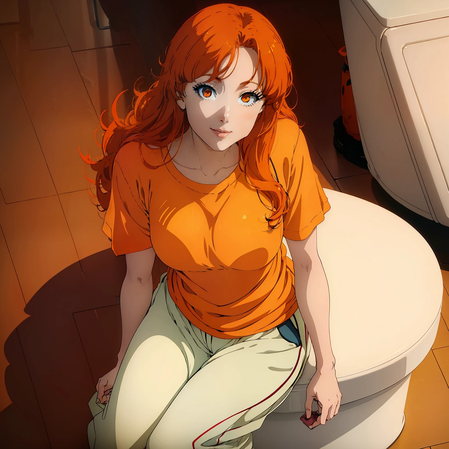 (((Anime-Serie))), ((((Frau)))), direkt aus dem echten Leben, mit (Haar_orange) orange Haar, Makeover auf einer Toilette tragen (Hemd_orange) orange Hemd and long pants, lächeln"