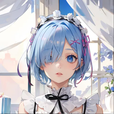 R_E_M, 1girl,((beautiful face)) ,short blue hair, blue eyes, hair over one eye, hair ornament, pink hair ribbon, rem's maid uniform, detached sleeves,  upper body, standing,indoors, living room, sofa, tables, window