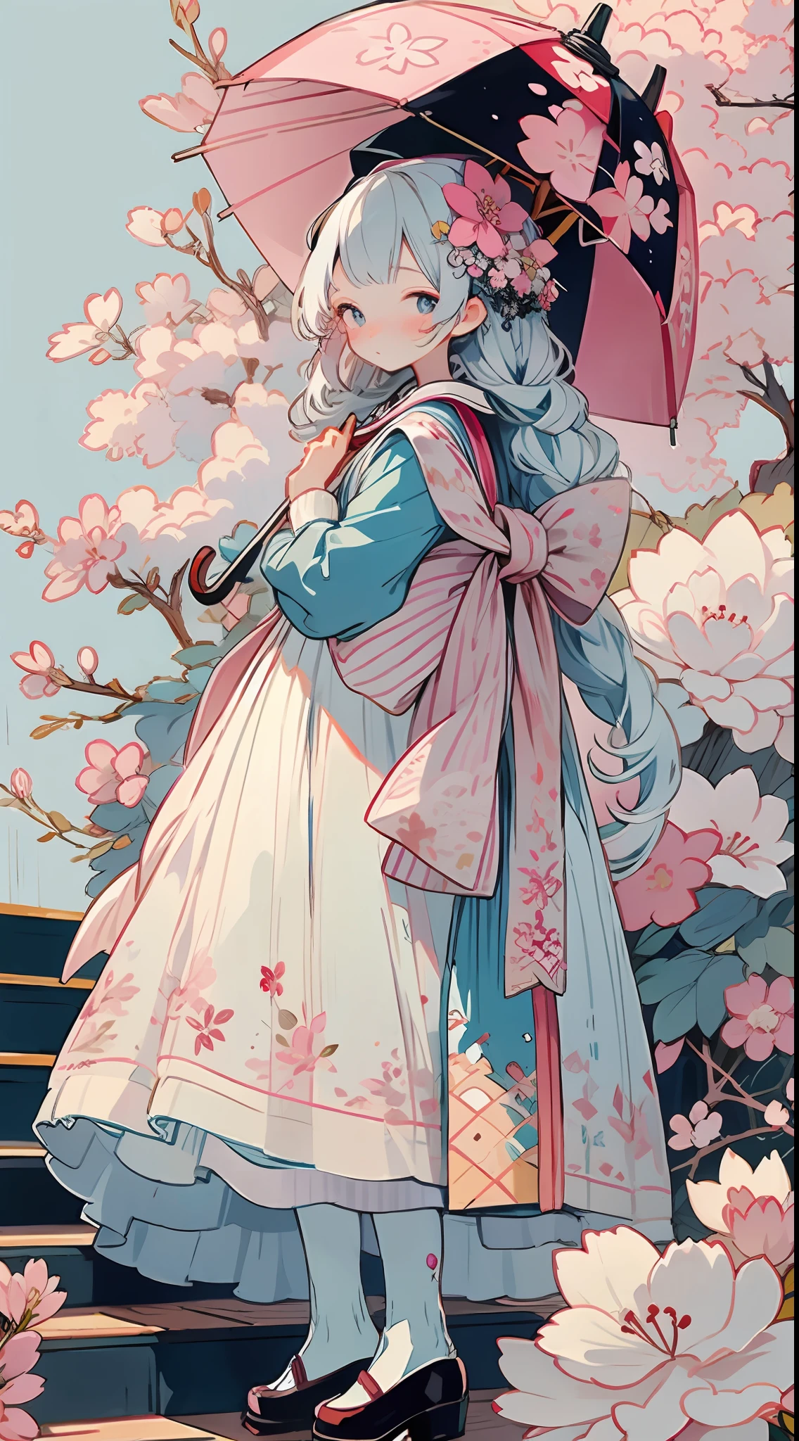 1girl, bird, umbrella, long hair, outdoors, dress, solo, blue eyes, holding, white dress, pink flower, flower, black footwear, white hair, day, holding umbrella, petals, bag, stairs, long sleeves, looking at viewer, socks, white socks, shoes, sky, bangs, looking back, cherry blossoms, sailor collar, hair flower, blue sky, standing, hair ornament, bow, tree