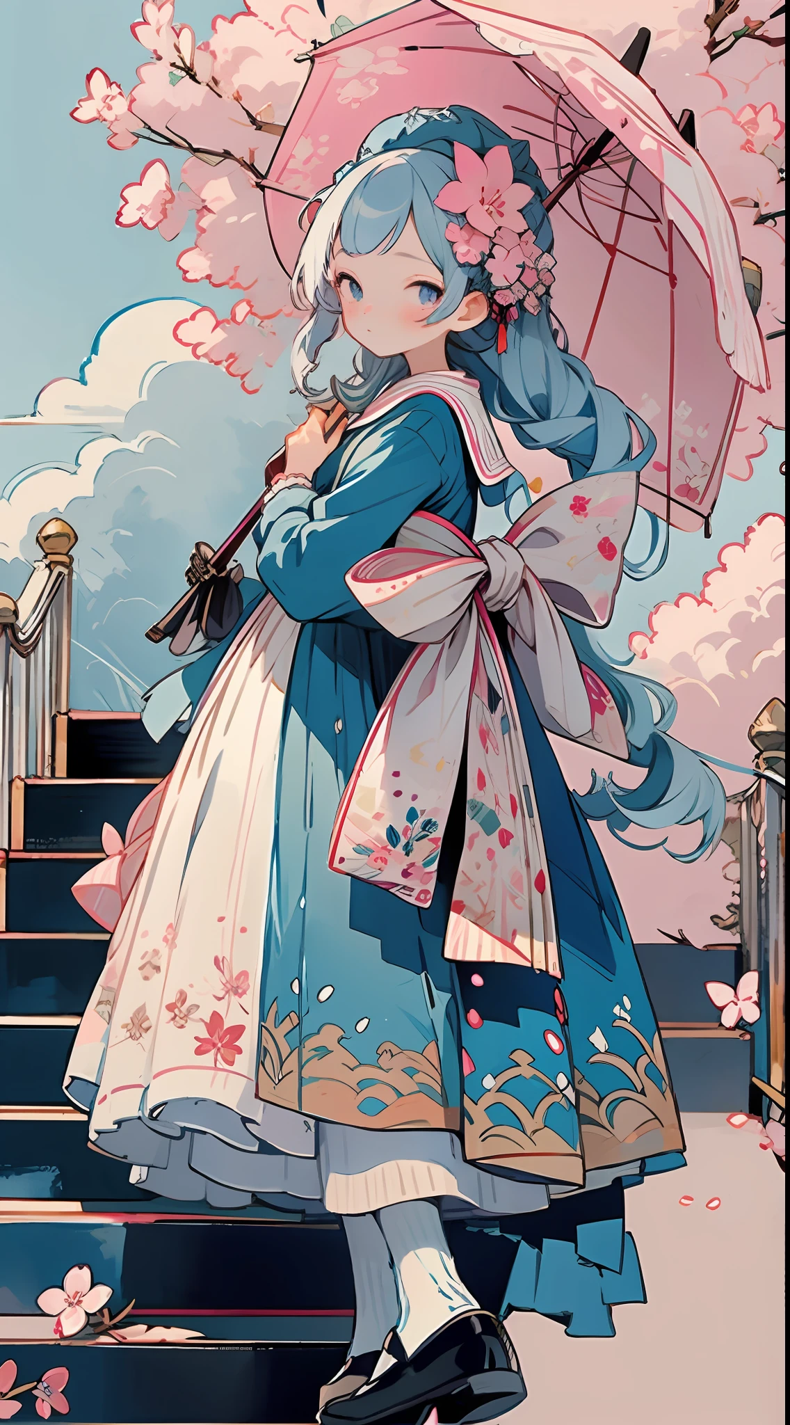 1girl, bird, umbrella, long hair, outdoors, dress, solo, blue eyes, holding, blue dress, pink flower, flower, black footwear, white hair, day, holding umbrella, petals, bag, stairs, long sleeves, looking at viewer, socks, white socks, shoes, sky, bangs, looking back, cherry blossoms, sailor collar, hair flower, blue sky, standing, hair ornament, bow, tree