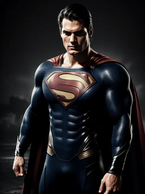 Superman image, dark style clothes, black costume, male character, strong physique, big hair, wallpaper style, tabby, detailed image, realistic, true to series, cinematic setting, style in dark shadows, realistic, detailed, high quality resolution, dark st...