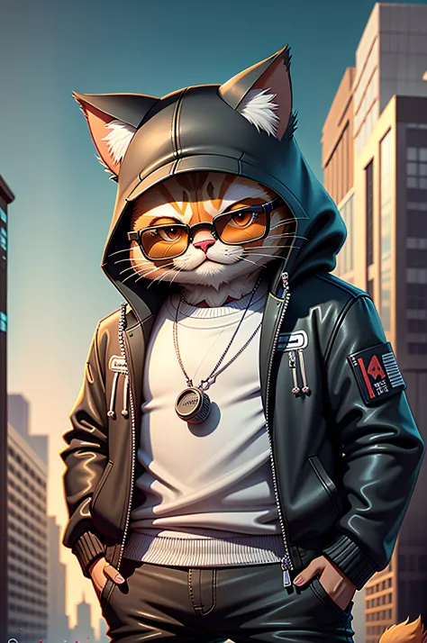 c4tt4stic，A cartoon cat wearing a jacket and sunglasses，,pose handsomely,Cyberpunk city street background