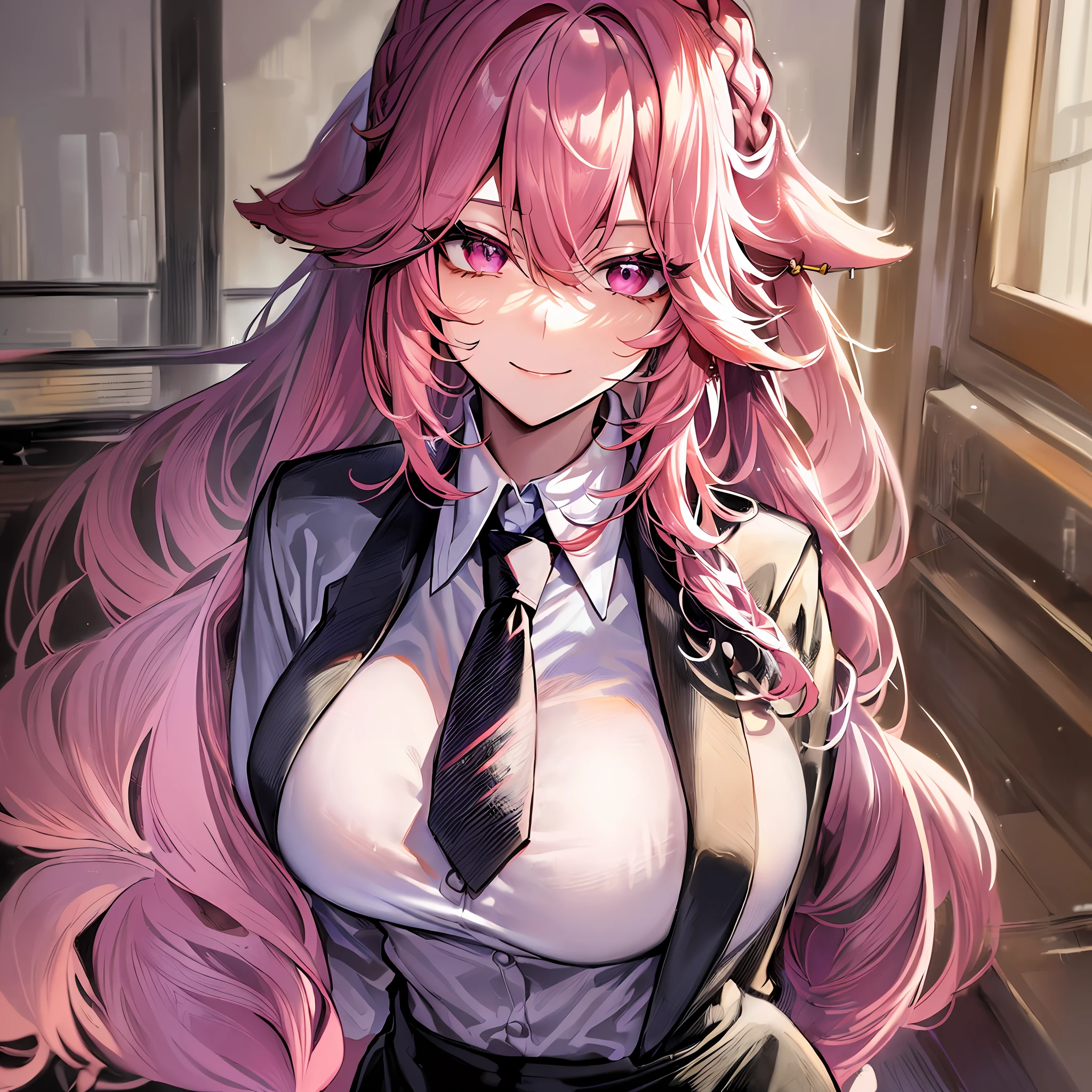 ((masterpiece)), (best quality), beautiful, extremely detailed face, perfect lighting,ultra-detailed,((expressionless)),((cold attitude)),((tsurime)),((tareme)),breasts,((Mature female)),((yae miko, long hair, smile, bangs, (big breasts:1.2), braid, pink hair, braided ponytail, ringed eyes,
shirt, long sleeves, white shirt, necktie, collared shirt, pants, black pants, formal, suit, black necktie, shirt tucked in, office lady