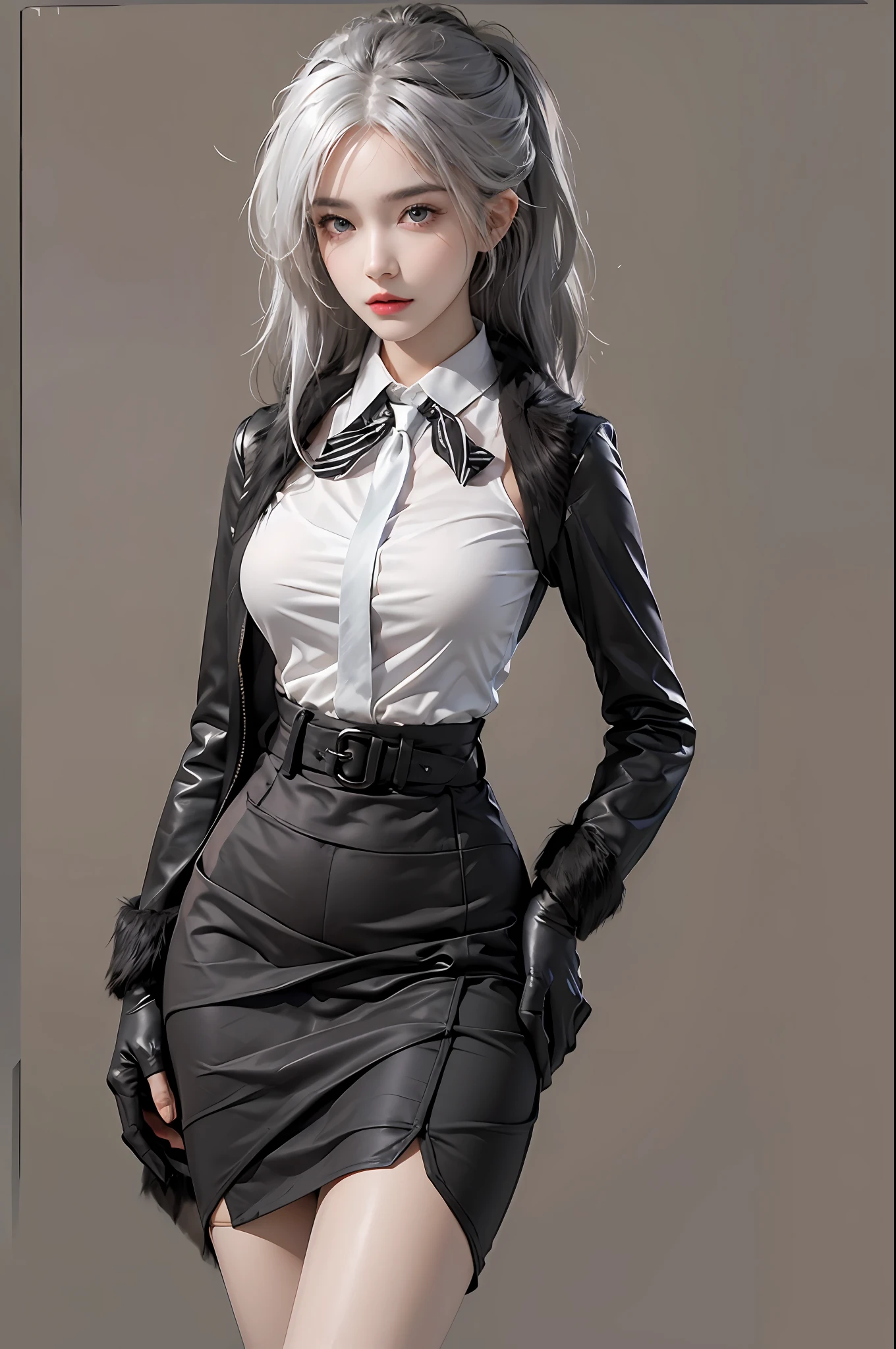 photorealistic, high resolution, 1 women, solo, hips_up, beautiful eyes, look at viewer, close lips, detailed face, white hair, long hair, collared shirt, black necktie,black skirt, pencil skirt, fur coat, stockings