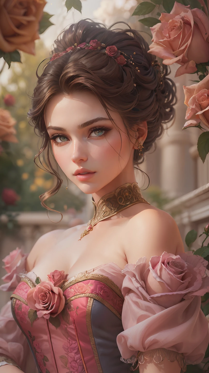 This is realistic fantasy artwork set in the castle's enchanted rose garden. Generate a proud woman with a highly detailed face dressed in the billowing folds of a stunning French silk ballgown. The woman's sweet face is ((((highly detailed, with realistic features and soft, puffy lips.))))  The ballgown is embellished with ruffles, sashes, and bows and a delicately, but intricately, hand-embroidered bodice. The corset features silk ribbon. The woman's stunning eyes are beautifully detailed, featuring realistic shading and multiple colors and high resolution. The woman is in a garden of eternal roses, each one beautifully formed and highly detailed. These realistic roses feature shimmering shades of pink, yellow, orange, and glimmering red. The eternal rose is a deep shade of red with shimmering pink overtones and undertones. Ensure that the woman's face, hair, and eyes are perfect. realism, high fantasy, whimsical fantasy, storybook fantasy, fairytale fantasy, fantasy details, enchanting, bewitching, 8k, hires, cgi, digital painting, unity, unreal engine, (((masterpiece))), intricate, elegant, highly detailed, majestic, digital photography, art by artgerm and ruan jia and greg rutkowski, (masterpiece, finely detailed beautiful eyes: 1.2), hdr, realistic skin texture, (((1woman))), (((solo))), Include a highly detailed face, extremely detailed face, and interesting background.