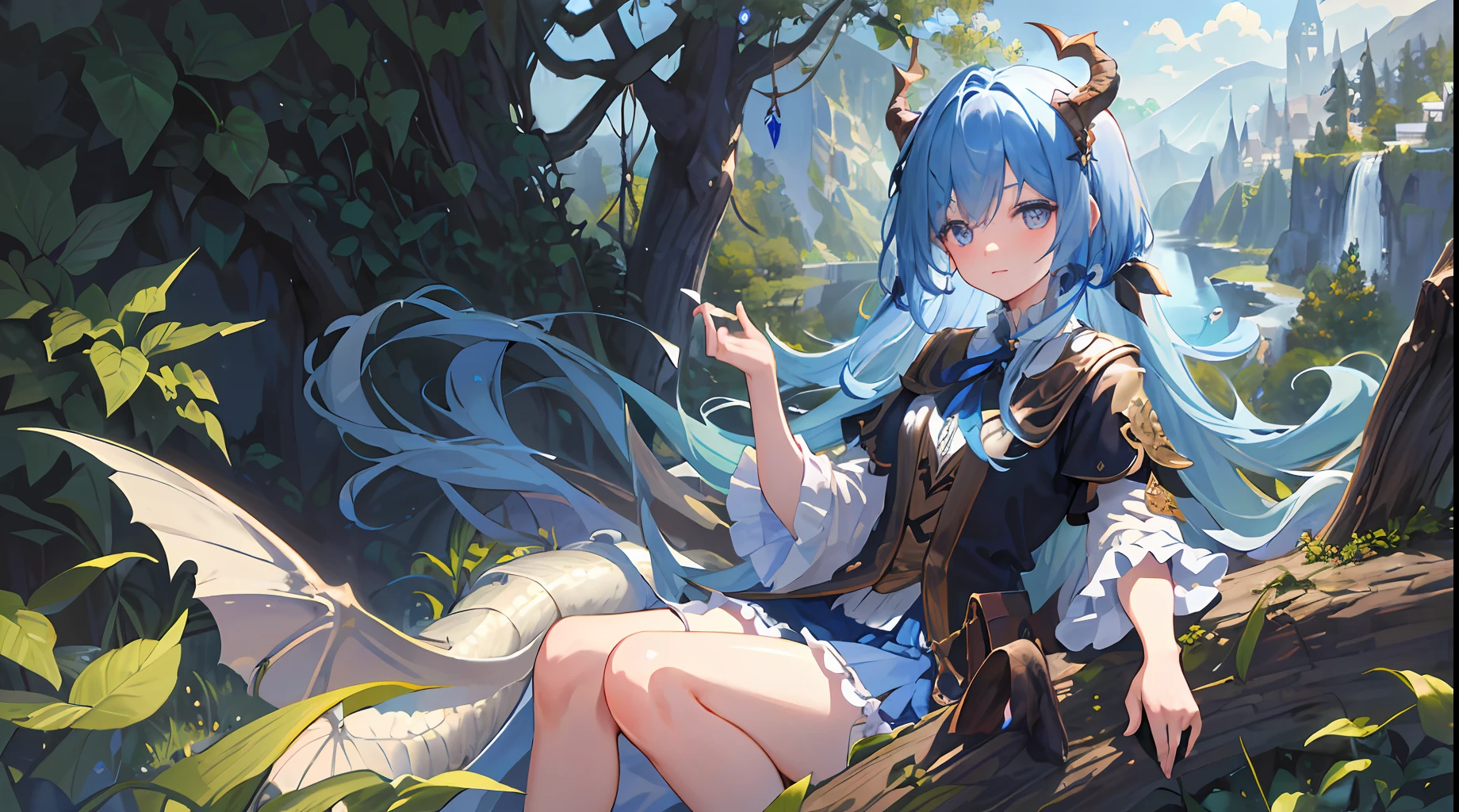 (finely detailed beautiful eyes and detailed face,masterpiece sidelighting,Masterpiece,Best quality,Detailed,high-resolution illustrations),
(Magician cloth, Fantasy background, Village,tree,woods),
(1girll,Whole body,a beauty girl,Dragon's horn，Glossy glossy skin,Looking down,view the viewer),
(Blue hair,Blue eyes,Short skirt,ribbon)