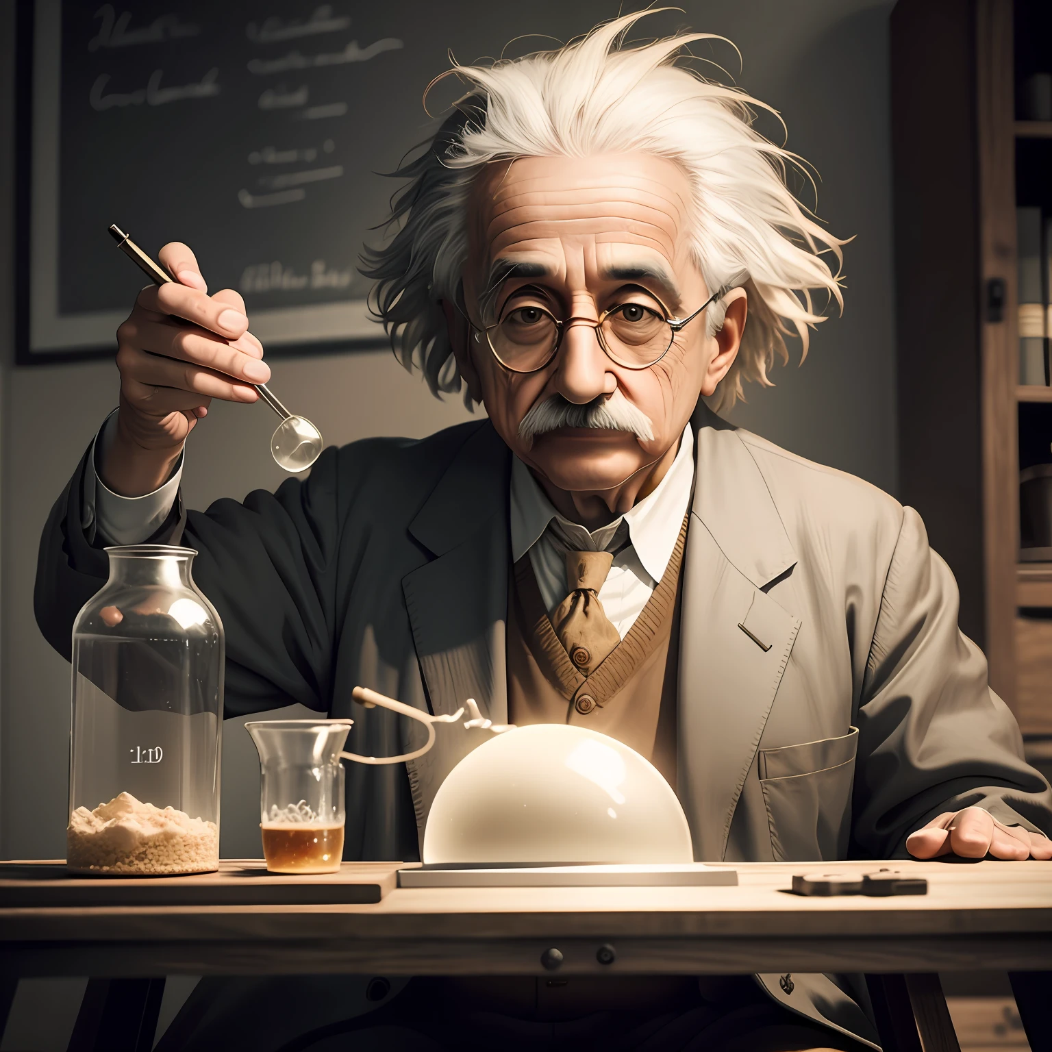 Homem com bigode e copos sentado em uma mesa com um copo e uma colher, cientista louco trabalhando, albert einstein, Retrato de Albert Einstein, dwarf scientist of 1 9 century, Einstein, Retrato de Einstein, he is in a alchemist lab, scientist, cientista de elite, Directed by: Kurt Roesch, Directed by: Ben Zoeller, Directed by: Jakob Gauermann