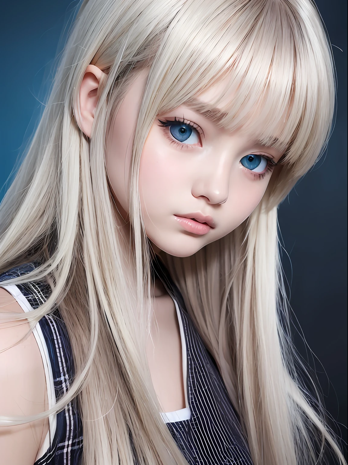 portlate、School Uniforms、Bright and very beautiful face、Young shiny shiny white shiny skin、Best Looks、Platinum blonde hair with dazzling highlights、Super long silky straight hair、Beautiful bangs that shine、Glowing crystal clear big blue eyes、Very beautiful nice cute 14 year old girl、