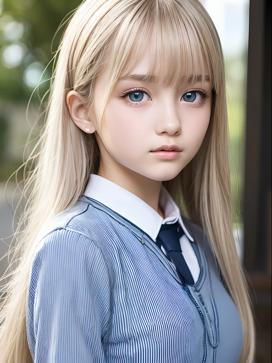 portlate、School Uniforms、Bright and very beautiful face、Young shiny shiny white shiny skin、Best Looks、Platinum blonde hair with dazzling highlights、Super long silky straight hair、Beautiful bangs that shine、Glowing crystal clear big blue eyes、Very beautiful nice cute 14 year old girl、