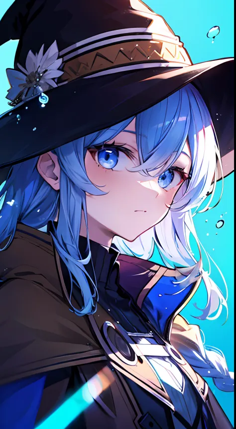 roxy migurdia, 1girll, bangs, Black tiara, Blue background, Blue eyes, Blue hair, Braid, Brown cape, Cape, Close-up, Floating hair, hair between eye, Hat, Long hair, view the viewer, Portrait, Solo, water dripping, Witch hat, ((Masterpiece)), Blue light, B...