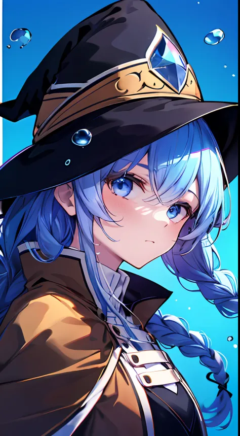 roxy migurdia, 1girll, bangs, Black tiara, Blue background, Blue eyes, Blue hair, Braid, Brown cape, Cape, Close-up, Floating hair, hair between eye, Hat, Long hair, view the viewer, Portrait, Solo, water dripping, Witch hat, ((Masterpiece)), Blue light, B...