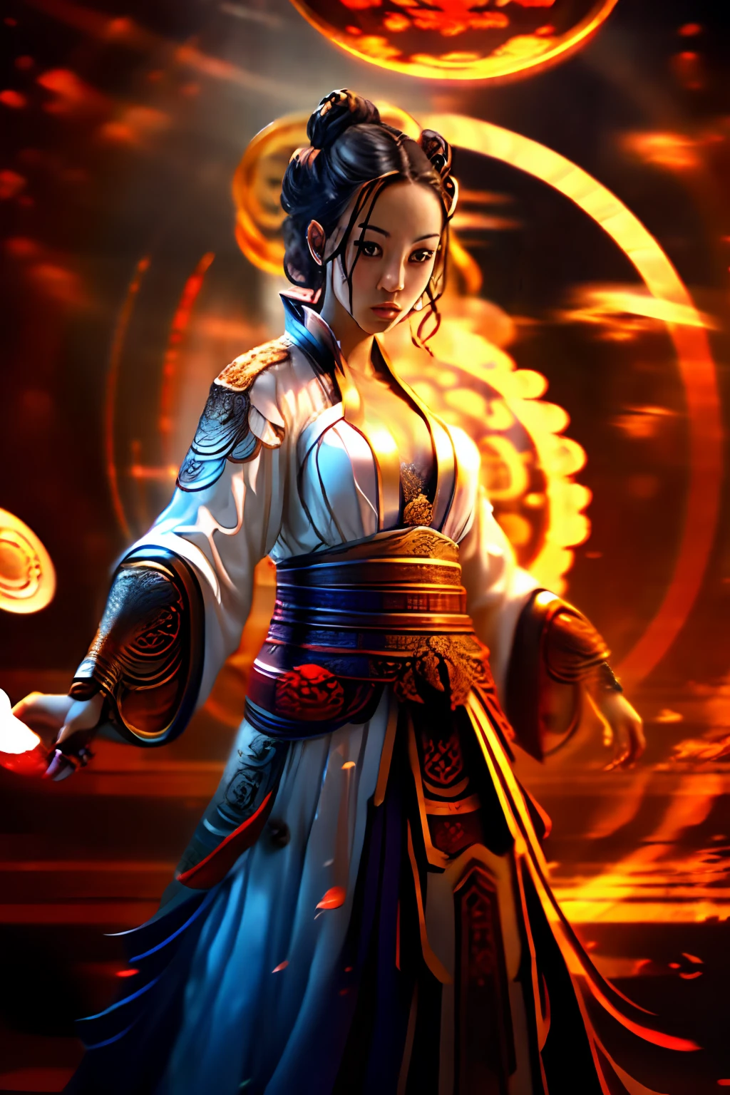 Best quality,masterpiece,ultra high res,(photorealistic:1.4),xiuxian,weapon,Detailed face,
1girl,solo,weapon,cleavage,(magic circle:1.2),xiuxian,upper body,Beautiful girl,full body,east asian architecture,sheath,architecture,