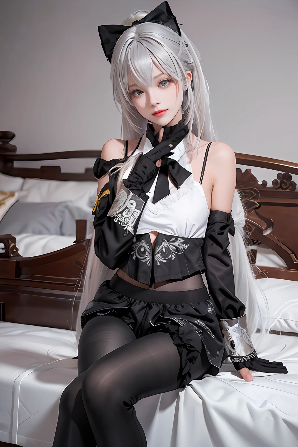 (((1 girl)),ray tracing,(dim lighting),[detailed background (bedroom)),((silver hair)),((silver hair)),(Fluffy silver hair, plump slender girl)) with high ponytail)))) Avoid blonde eyes in the ominous bedroom ((((Girl wears intricately embroidered black high-waisted pants with pantyhose) and white ruffled bow gloves), showing a delicate slim figure and graceful curves, correct limbs, sitting on the bed