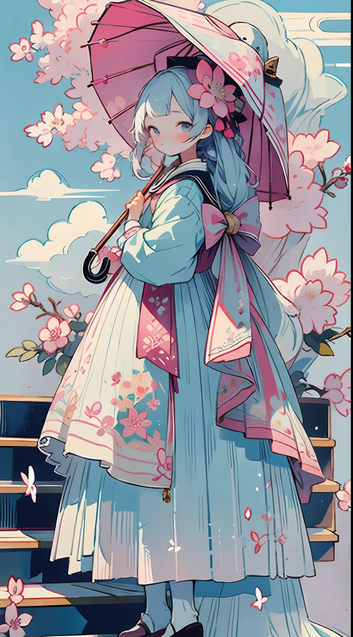 1girl, bird, umbrella, long hair, outdoors, dress, solo, blue eyes, holding, white dress, pink flower, flower, black footwear, white hair, day, holding umbrella, petals, bag, stairs, long sleeves, looking at viewer, socks, white socks, shoes, sky, bangs, looking back, cherry blossoms, sailor collar, hair flower, blue sky, standing, hair ornament, bow, tree