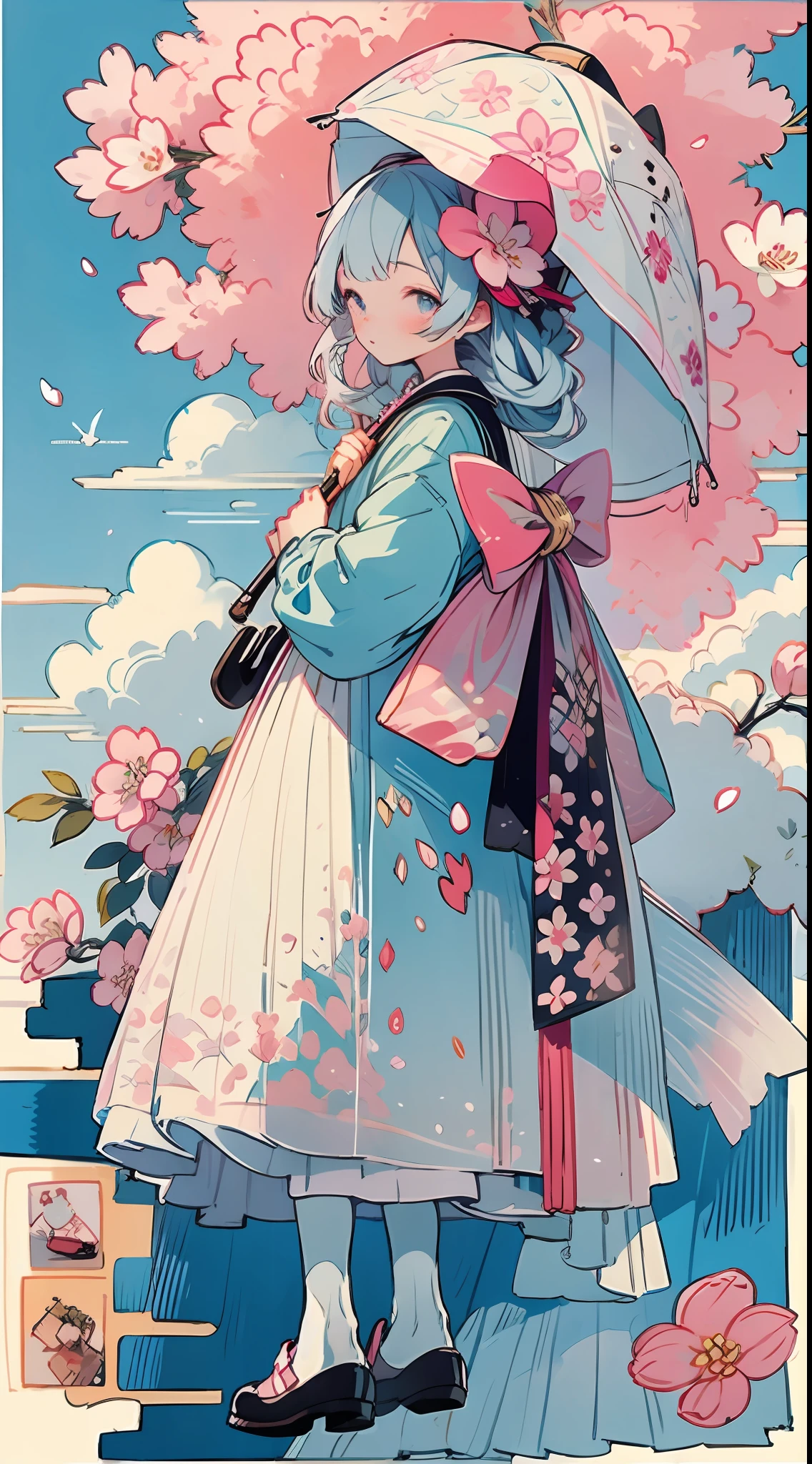 1girl, bird, umbrella, long hair, outdoors, dress, solo, blue eyes, holding, white dress, pink flower, flower, black footwear, white hair, day, holding umbrella, petals, bag, stairs, long sleeves, looking at viewer, socks, white socks, shoes, sky, bangs, looking back, cherry blossoms, sailor collar, hair flower, blue sky, standing, hair ornament, bow, tree