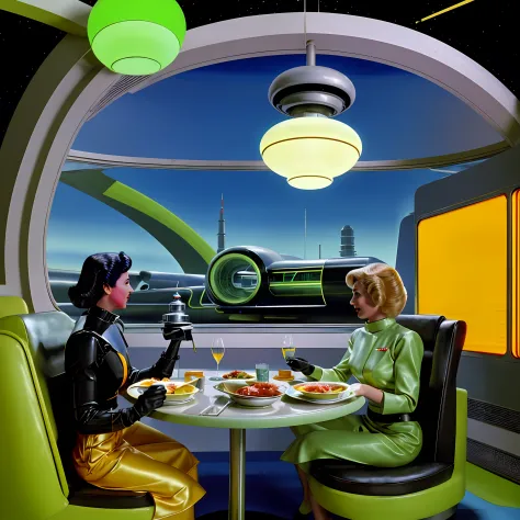 there are two women sitting at a table with a plate of food, retro futurism style, retrofuturistic science fantasy, futuristic u...