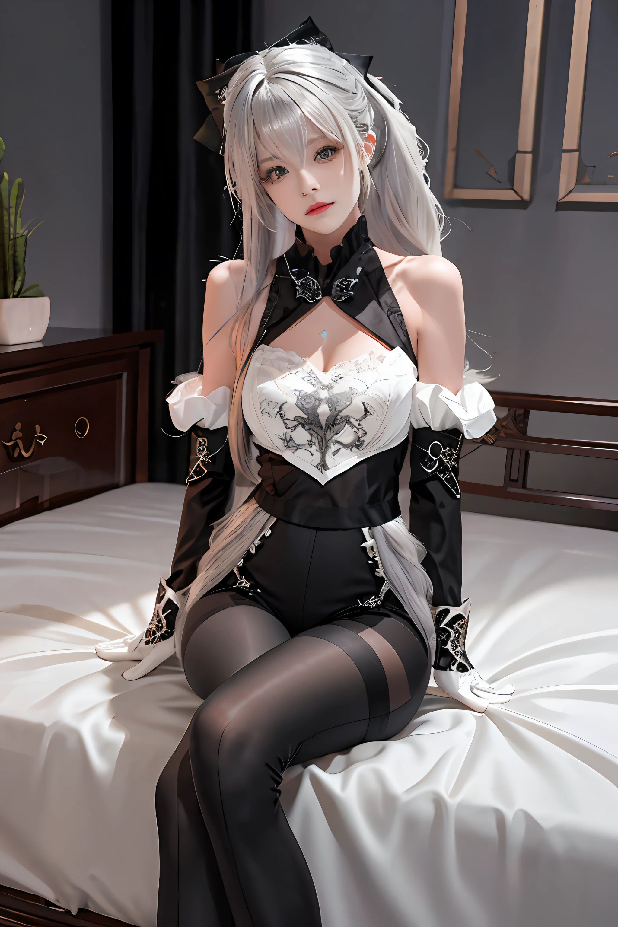 (((1 girl)),ray tracing,(dim lighting),[detailed background (bedroom)),((silver hair)),((silver hair)),(Fluffy silver hair, plump slender girl)) with high ponytail)))) Avoid blonde eyes in the ominous bedroom ((((Girl wears intricately embroidered black high-waisted pants with pantyhose) and white ruffled bow gloves), showing a delicate slim figure and graceful curves, correct limbs, sitting on the bed