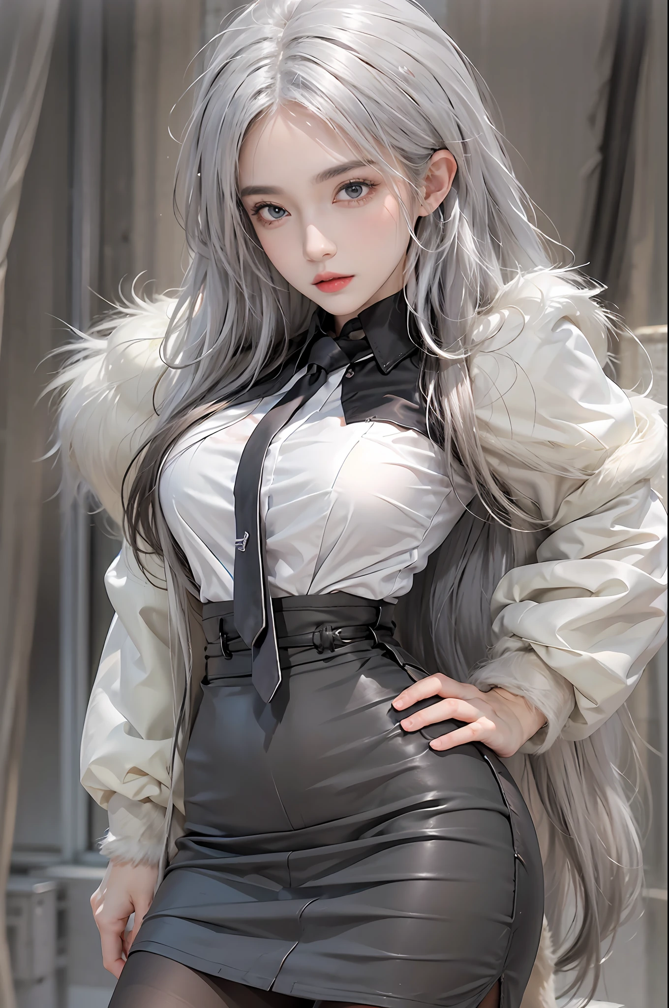 photorealistic, high resolution, 1 women, solo, hips_up, hips up, beautiful eyes, look at viewer, close lips, detailed face, white hair, long hair, collared shirt, black necktie,black skirt, pencil skirt, fur coat, stockings