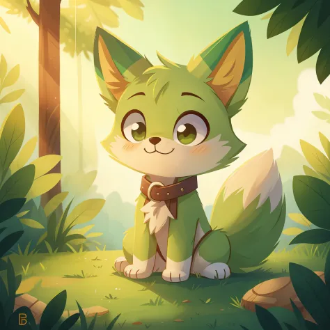 the q version of the cute green fox，white backgrounid