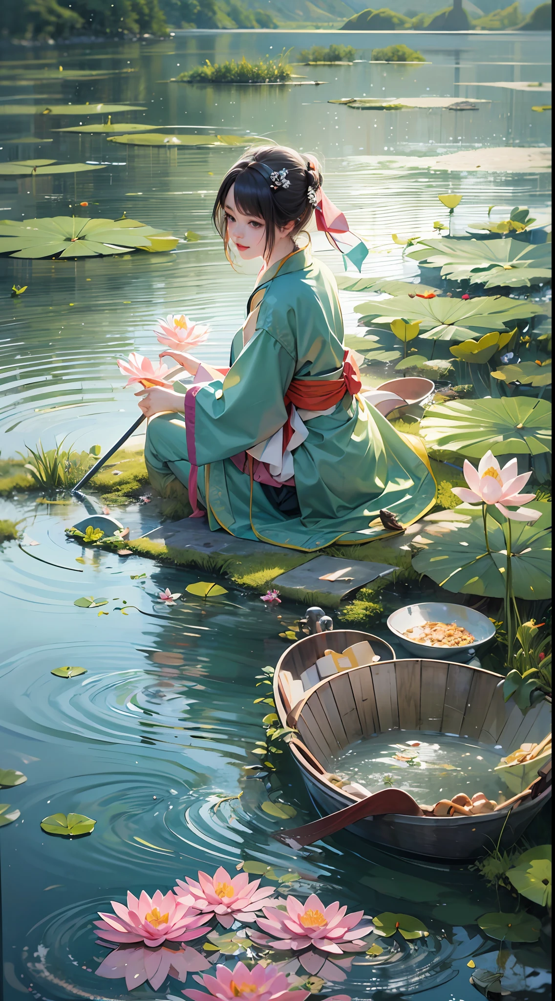 Le pavillon à tige violette se dresse dans les vagues scintillantes，Les fleurs de lotus rouges sont placées sur un fond épais。Auvents de lotus pour les maisons et feuilles de lotus pour les toits，Les graines de lotus sont blanches, et le lotus est comme un escargot jaune。
Un bel homme et une belle femme en ce moment，Secouez le bateau, et mon cœur ondule de tendresse。Le bateau est dessiné en zigzag et progresse lentement，Les verres à vin de passereau sont fréquemment passés。L&#39;herbe aquatique tenait les rames et refusait de partir，Lentilles d&#39;eau s&#39;est éloignée pour permettre au bateau de repartir。La belle balance sa taille fine et délicate，Je veux le faire et arrêter de regarder en arrière plusieurs fois。L&#39;été vient de commencer, et le printemps ne s&#39;est pas encore dissipé，Les feuilles de lotus fraîches contrastent avec les premières fleurs de lotus épanouies。J&#39;ai ri doucement de peur de mouiller mes vêtements，J&#39;ai peur que le bateau chavire, il s&#39;est accroché à ses vêtements。Alors les rames ont touché l&#39;eau et ont lentement avancé，Ashika a volé sur le tapis de broderie Ayara。La navigation de plaisance sur le lac ne veut pas revenir，Wutai est déjà visible au loin。Les cornichons aqueux mouillent leurs vêtements，De longs diamants enroulés autour de la bague de bras, Meilleure qualité, ultra-détaillé, meilleure ombre，8k，art officiel