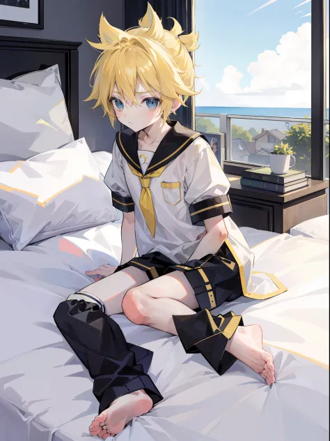 best quality, ultra precision, one boy, (len_kagamine), blond hair, shota, cowlick, on bed, outdoor, character focus, black shor...