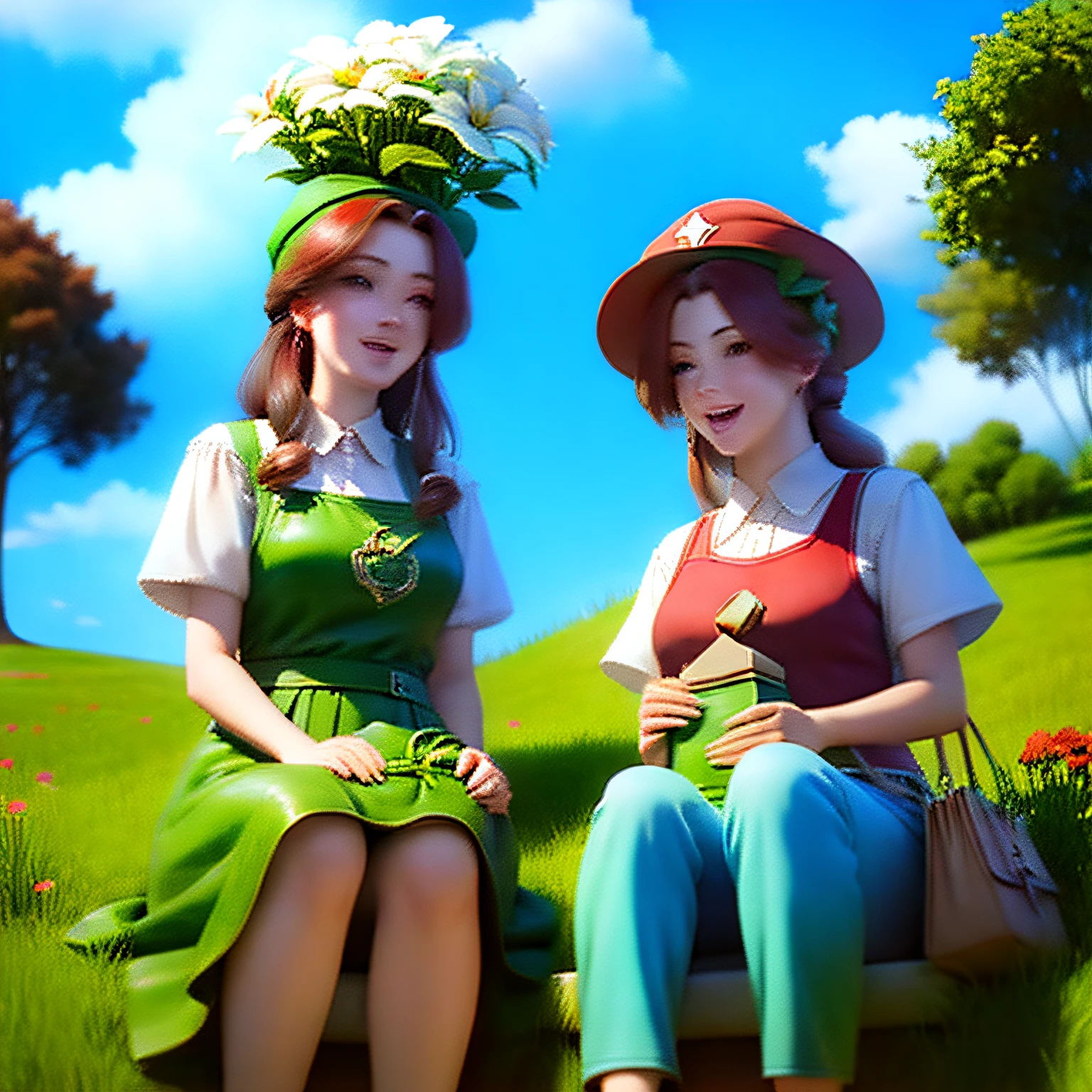 Two girls sitting on the grass，With a red cap，Red volunteer vest，Laughed happily，Both men were holding large gift bags，Balloon blue sky and white clouds in the background, Flowers around，Greenery，Sit in front position，lovely digital painting, Beautiful digital illustration