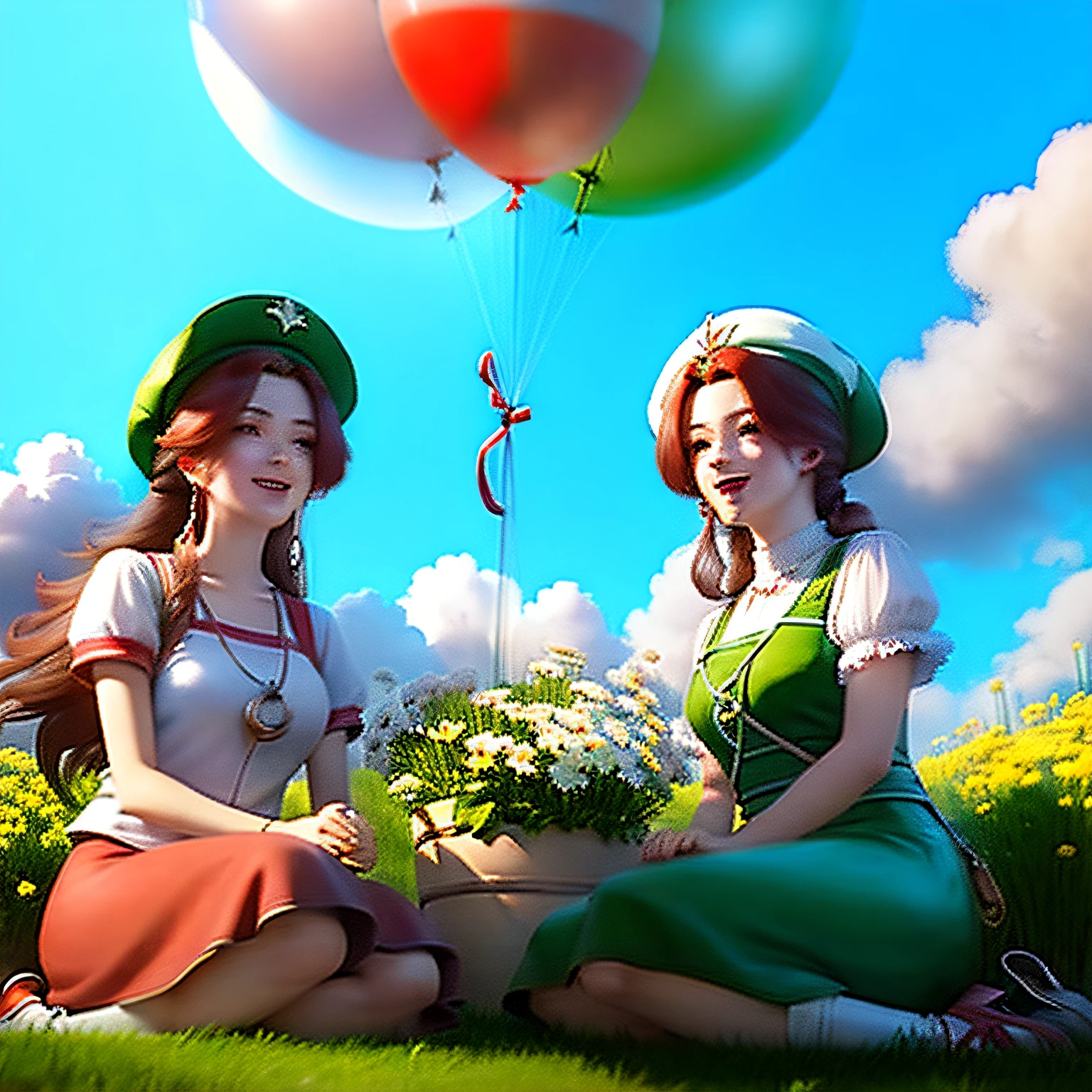 Two girls sitting on the grass，With a red cap，Red volunteer vest，Laughed happily，Both men were holding large gift bags，Balloon blue sky and white clouds in the background, Flowers around，Greenery，Sit in front position，lovely digital painting, Beautiful digital illustration