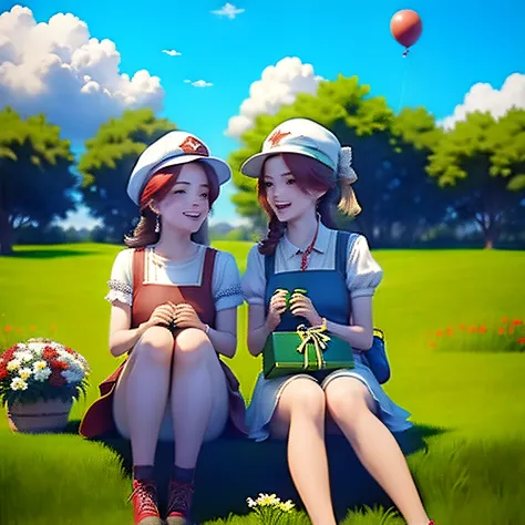 Two girls sitting on the grass，With a red cap，Red volunteer vest，Laughed happily，Both men were holding large gift bags，Balloon b...