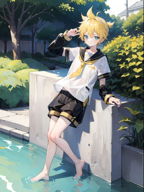 best quality, ultra precision, one boy, (Len_Kagamine), blond hair, shota, cowlick, outdoor, character focus, black short pants,...