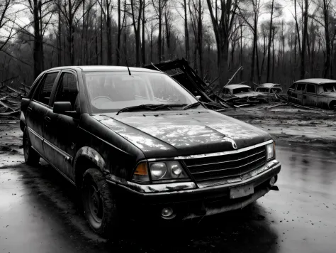 RAW photo，black andwhite，Big woods，Desolation，Dilapidated and ruined cars，Ruined community，8K  UHD, High quality, Film graininess, Fujifilm XT3