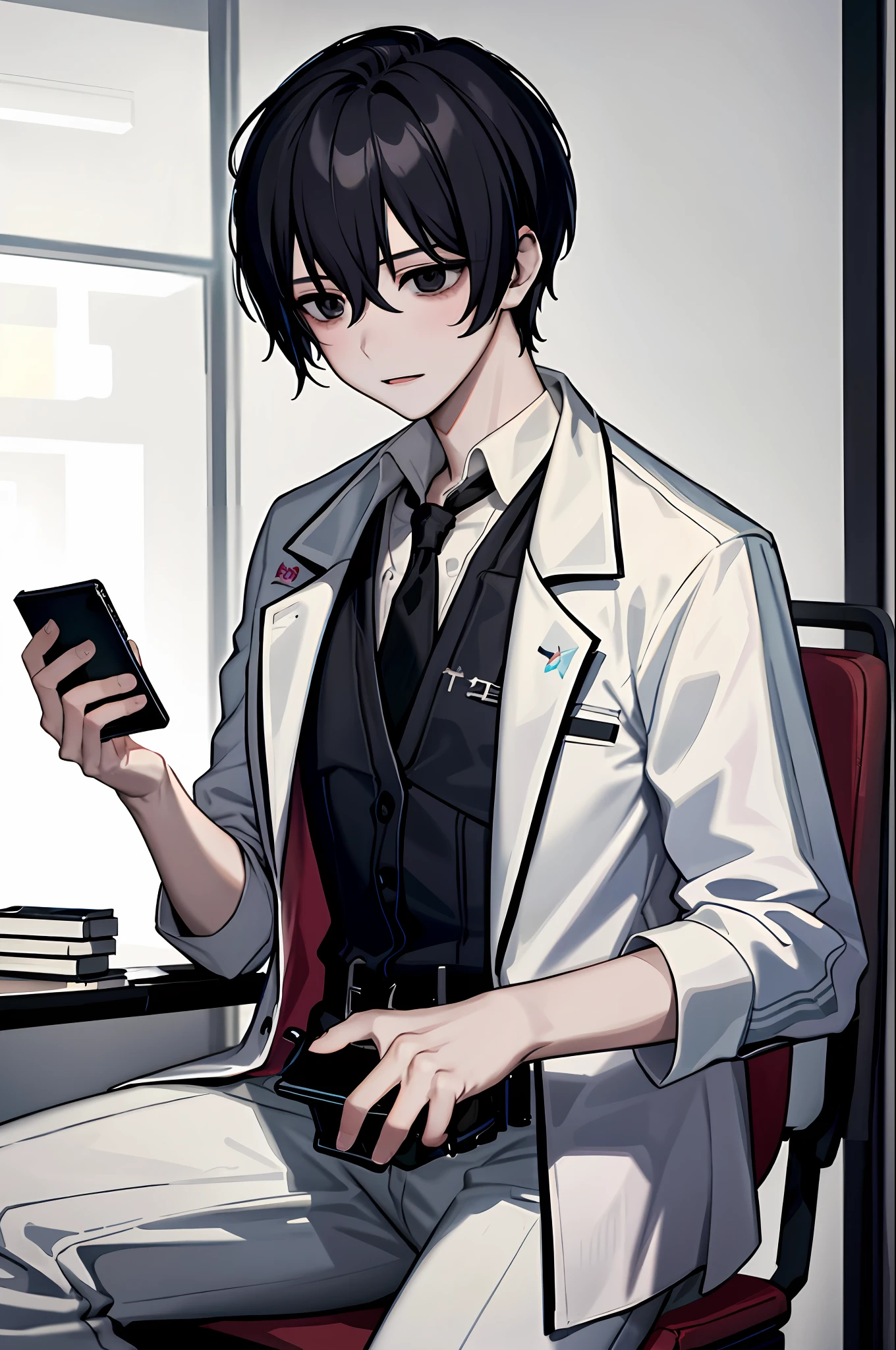 （tmasterpiece，best qualtiy，A detailed：1.1），yisang_limbus，default_outfit，1boy，solo，wearing hospital gown，One hand holding a cell phone sitting on a hospital chair