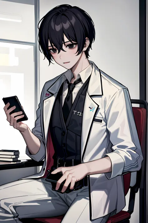 （tmasterpiece，best qualtiy，A detailed：1.1），yisang_limbus，default_outfit，1boy，独奏，wearing hospital gown，One hand holding a cell ph...