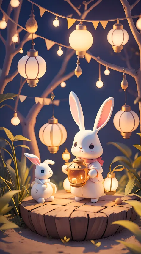 Simple illustration style with light colors，Cute cartoon kid standing on big pie，Take the lantern，There are a few small rabbits next to it。The cool breeze of summer nights blows，The sky has a bright full moon，It is in the strong atmosphere of the Mid-Autum...