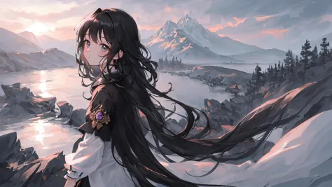 masterpiece,best quality,official art,extremely detailed CG unity 8k wallpaper,illustration,Cool tone,dusk, mountain,solo, 1girl, bishojo, absurdly long hair, black hair, expressionless, grey eyes, whitedress,