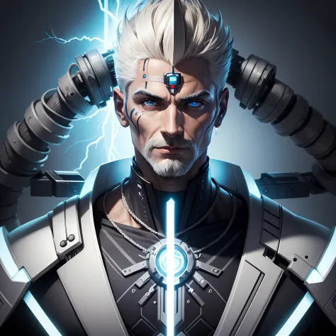 portrait of bionic god zeus, using epic bionic cyborg, different implants, face colors is half-h