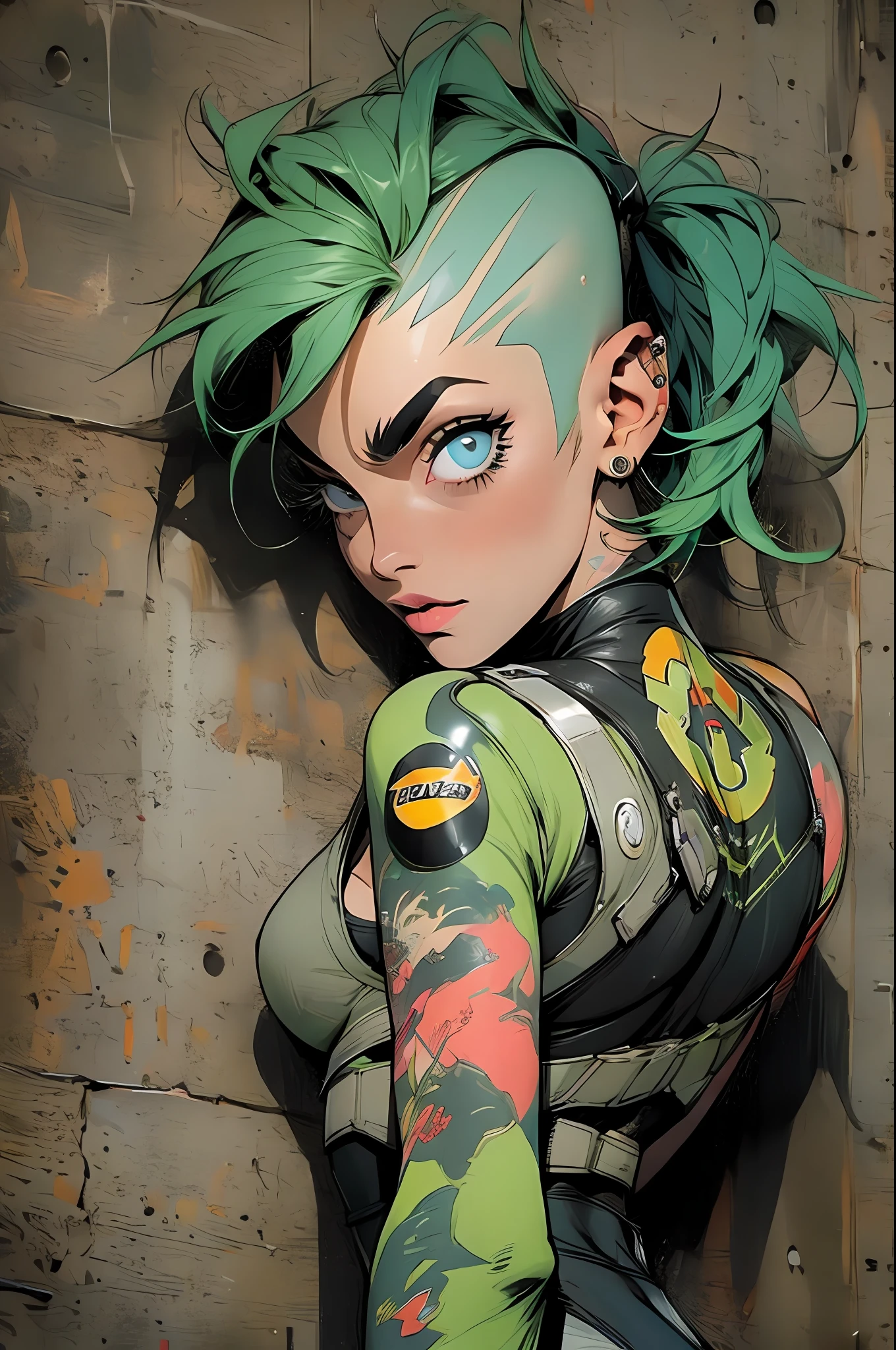 ((( corpo inteiro ))), master part, best quality, super detalhe, 8k, mulher linda, Tank Girl com cara de maluca, sorriso malicioso , roupa techno, (((corpo inteiro))), cabelo moicano colorido, garota punk, post-apocalyptic world, (( menina do tanque )), Nijistyle, roupas rasgadas e sujas, moicano curto, sides of shaved head, rosto limpo, corpo inteiro