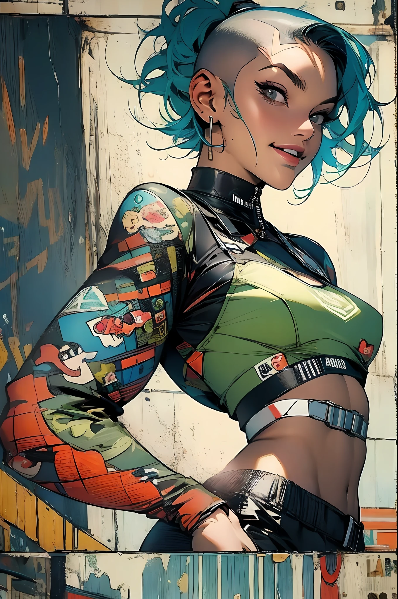 ((( corpo inteiro ))), master part, best quality, super detalhe, 8k, mulher linda, Tank Girl com cara de maluca, sorriso malicioso , roupa techno, (((corpo inteiro))), cabelo moicano colorido, garota punk, post-apocalyptic world, (( menina do tanque )), Nijistyle, roupas rasgadas e sujas, moicano curto, sides of shaved head, rosto limpo, corpo inteiro