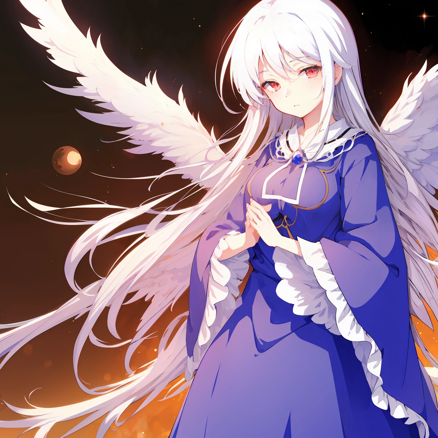 masutepiece, Fine detail, 4K, 8K, 12K, Solo, 1 person, Beautiful Girl, caucasian female, Sariel, Touhou Project, White hair, Red Eyes, Wings, Blue clothes, cana, Dream fantasies, cosmic background, nigh sky, Milky way, Milky way