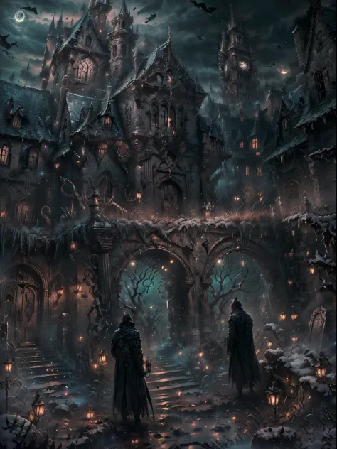 (Big Dark age castle, gothic style), dark night, crescent moon, dark theme, ravens, Gotham city castle,BREAK,Detailed,Realistic,...