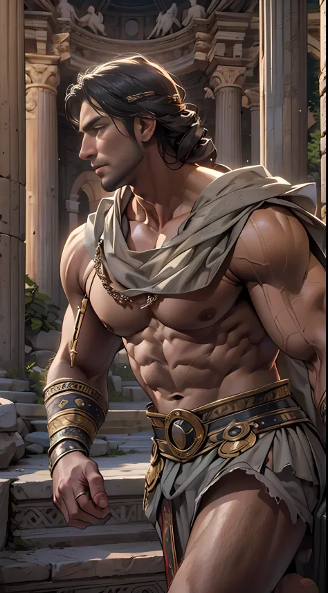 Muscular gladiator,Upper body revealed, legs uncovered from thighs to feet, flowing long curls, intricate muscular details, phot...