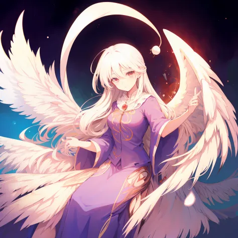 masutepiece, Fine detail, 4K, 8K, 12K, Solo, 1 person, Beautiful Girl, caucasian female, Sariel, Touhou Project, White hair, Red Eyes, Wings, Blue clothes, cana, Dream fantasies, cosmic background, nigh sky, Milky way, Milky way